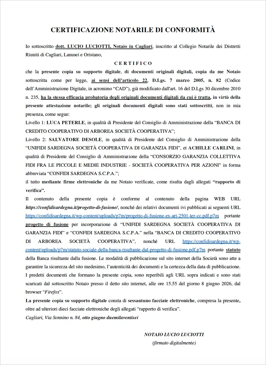 Certificazione di copia di conformità di pagina web del progetto di fusione ex art. 2501 ter, 3° comma, c.c.